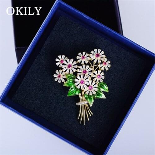 OKILY Luxurious Flowers Brooches for Women Cubic Zircon Daisy Enamel Collar Pins Bouquet Brooch Female Wedding Dress Accessories
