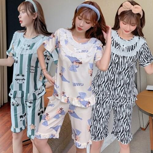 2021 Summer Short Sleeve Knee Length Print Pajama Sets Women Cute Lace Sleepwear Suit Pyjamas Homewear Pijama Mujer Home Clothes