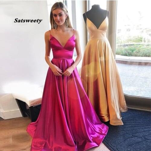 Spaghetti Straps Fuchsia Gold Prom Dresses V-neck Simple Formal Evening Party Dresses Sweep Train Long Special Occasion Dresses