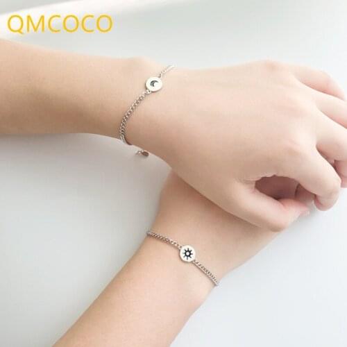 QMCOCO 925 Silver Round Moon Sun Shape Punk Classic Bracelet For Women Men Couple Simple Bracelet Birthdy Party Jewelry Gifts