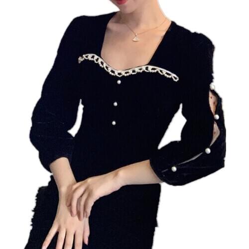 Vinatge French style velvet dress women square collar spring autumn a-line dress