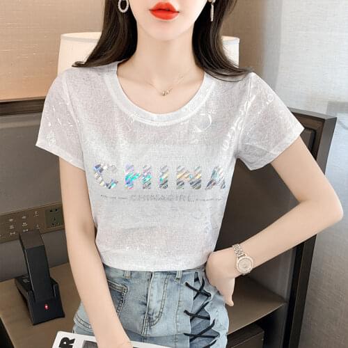 Summer Female Tshirt Shiny Colorful Letters Bronzing T Shirt Women Round Neck Short Sleeve Diamonds Streetwear T-shirts Woman