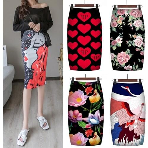 Ready Stock Fashion Women Elastic High Waist Pencil Skirts Midi Skirt Women Printed Women Pencil Skirts High Stretch Floral