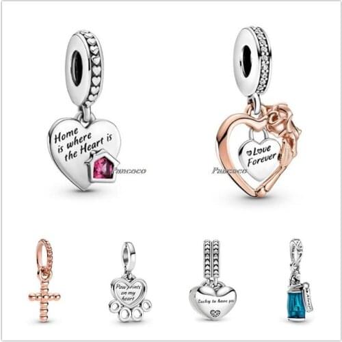 Authentic 925 Sterling Silver Hearts Paw Print Dangle Charm Beads Fit Women Pandora Bracelet & Necklace Jewelry