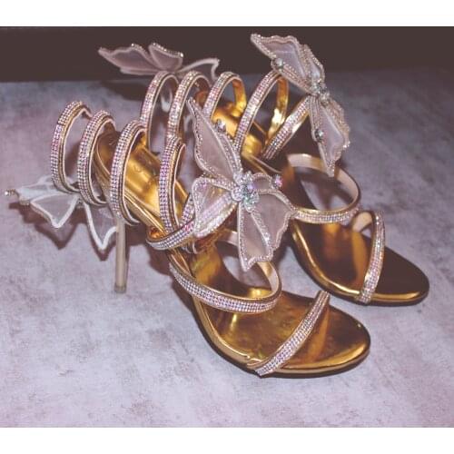 Women Peep Toe Rhinestones Crystal Butterfly 3D Stilettos High Heel Cross S-straps Sandals Shoes Bling Gold Sliver Luxury M005