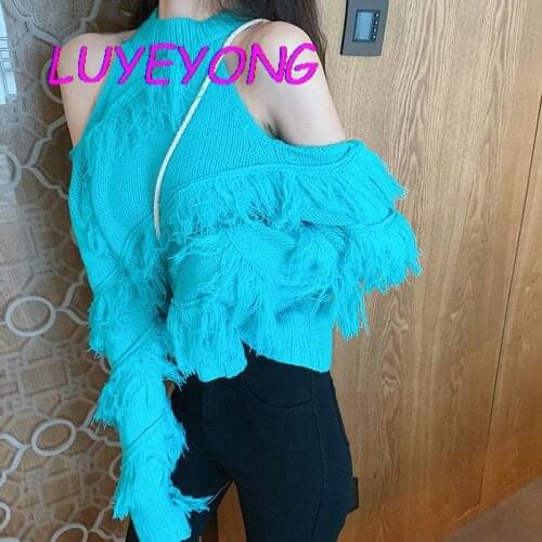 Korean Fashion Clothes Women Off Shoulder Tassel O Neck Knitted Full Sleeve Pull Sweaters Lady Elegant Vintage Pullover Sweater