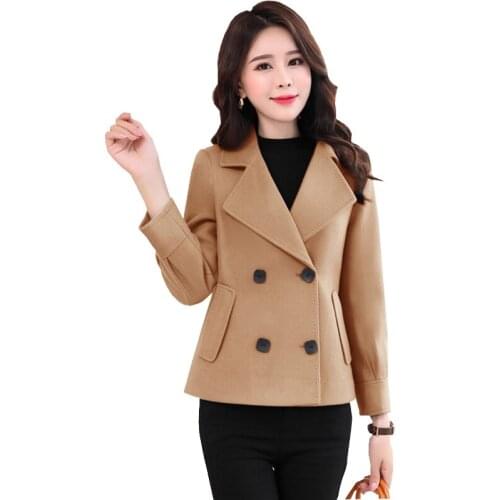 Fashion Woolen Coat Tops Female Spring Autumn Korean Style Short Double Breasted Jacket Women Blended Woolen Coat Outerwear 5XL