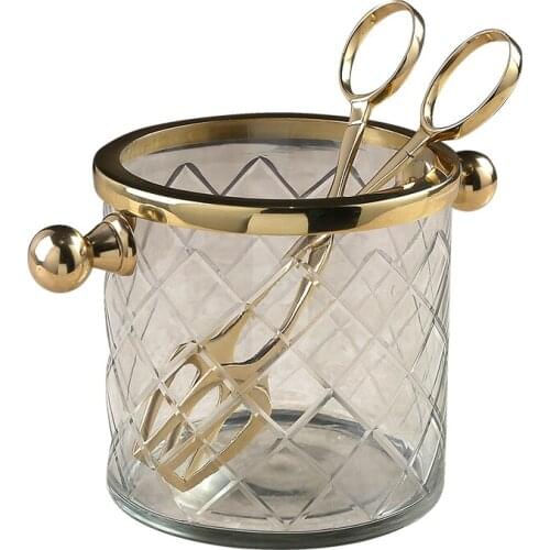 Gold Metal Ice Bucket Wine Cooler Tongs Ice Chiller Copper Barrel