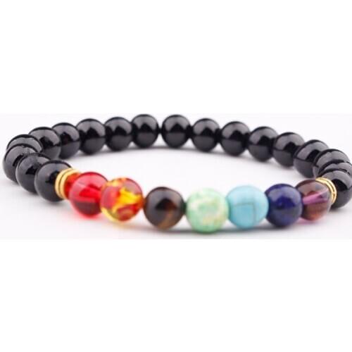 8mm black Punk multicolor Agate Chakra Healing Reiki Buddha Yoga Bracelet elastic adjustable Volcanic Stone Bangles 5df23
