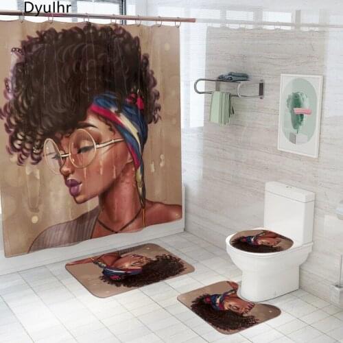Bathroom Accessories Curly Hair Glasses Girl Printed Polyester Waterproof Shower Curtain Toilet Seat Mat Floor Mat Bathroom Kit