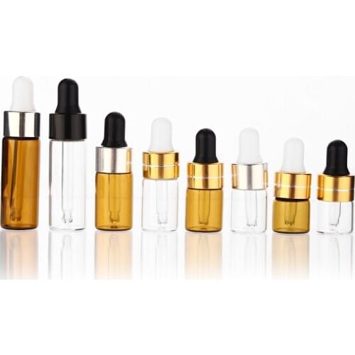 50pcs/lot 1ml 2ml 3ml 5ml Amber Glass Dropper Bottle Essential Oil Display Vials Small Serum Perfume Brown Sample Test Bottle