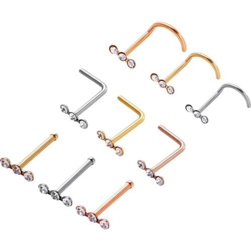 50pcs/Lot 20G Three Gems Nose Stud Screw Surgical Steel Nose Ring Studs Body Piercing Curve L Bone Shape Nose Piercing