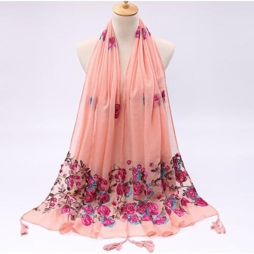 Spain Ethnic Embroidered Floral Hijab Scarf Diamond Tassels Womens Scarves Muslim Fashion Wraps Islamic Female Pashmina Bandana
