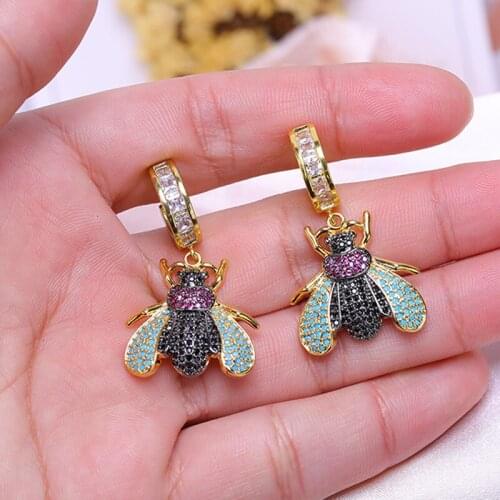 JUWANG Luxury Women Stud Earrings Fashion Jewelry Cubic Zirconia Beetle Bee Pendant Dangle Earrings For Party Decoration Brincos
