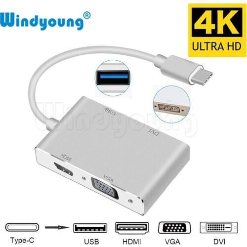 Windyoung USB 3.1 USB C Type C to 4K HDMI VGA DVI USB 3.0 Adapter Cable 4 in 1 for Google Chromebook Pixel Laptop Apple Macbook