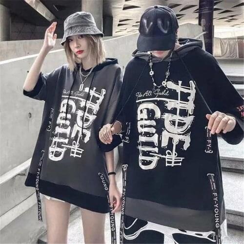 Cool Hip Hop Tshirt Streetwear Casual Loose Tops Shirt Funny High Street Tees Y2k Punk Japan Harajuku Black Hooded Dance T Shirt