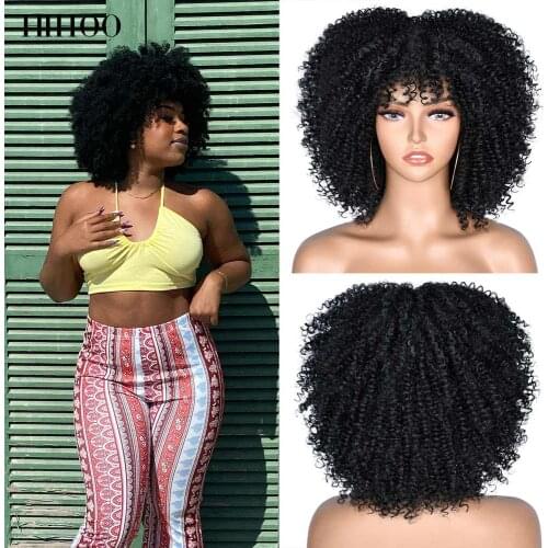 Short Hair Kinky Curly Afro Wigs With Bangs For Women 10" Synthetic African Glueless Cosplay Heat Resistant Wigs HIHOO