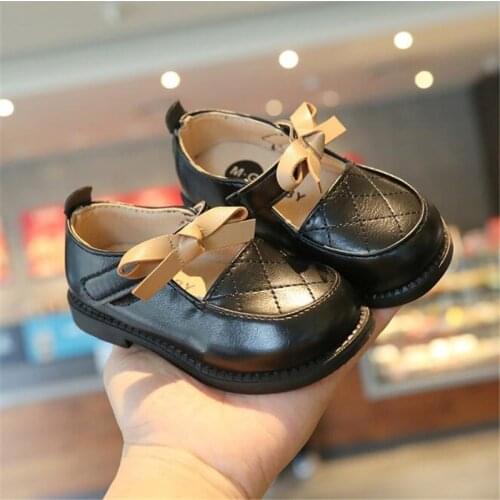 Boys' and girls' leather shoes 2021 spring and autumn new childrens College English bow princess shoes soft soled casual shoes