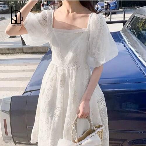 Midi Dress Womens Summer 2021 New French Vintage Casual Fairy Dress Female Puff Sleeve Lace Sexy Party One-pice Dress Korean