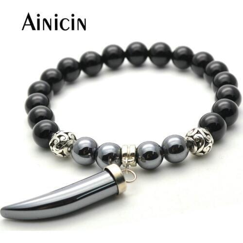 Natural Black Stone Hematite Horn Pepper Shape Charms Elastic Thread Strand Bracelets For Man and Women Gift Jewelry