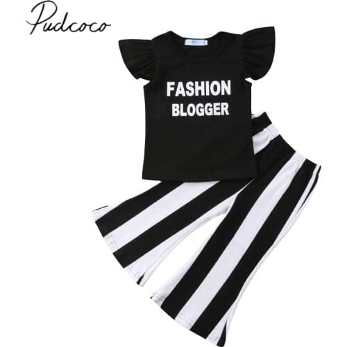 2018 Brand New 1-6Y Toddler Baby Girls Summer Casual 2PCS Sets Short Petal Sleeve Letter Black T-Shirts Tops Striped Flare Pants