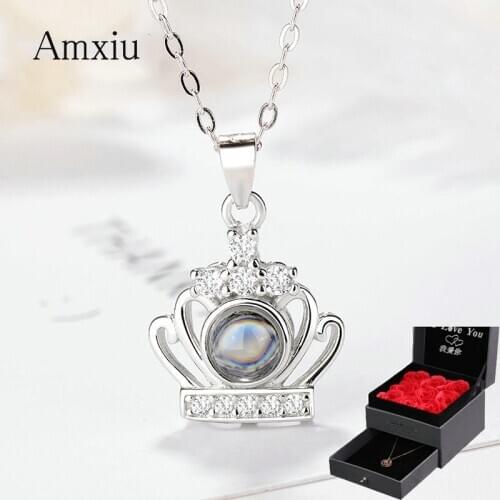 Amxiu Personalized Crown Necklace 100 languages I love you Projection Necklace 925 Silver Necklace For Women Zircons Jewelry
