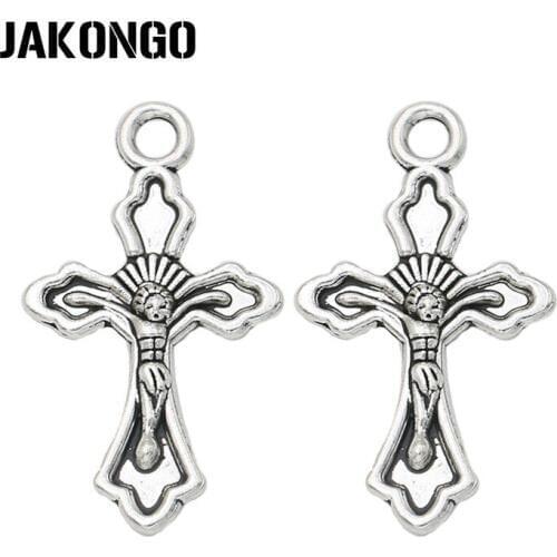 JAKONGO Antique Silver Plated Cross Jesus Charms Pendants for Bracelet Jewelry Making Accessories DIY Handmade Craft 31x18mm