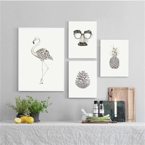 Gray Modern Nordic Style Canvas Painting Living Room Backdrop Wall Art Flamingo Pineapple Print Animal Poster Minimalist Picture