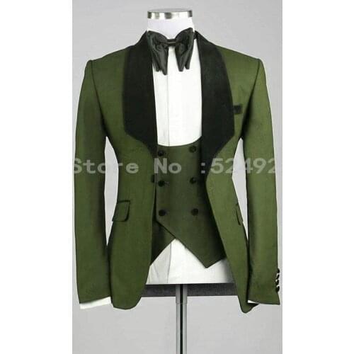 Groomsmen Olive Green Groom Tuxedos Shawl Black Velvet Lapel Mens Suits Wedding Best Man 3 Pieces ( Jacket+Pants+Vest+Tie ) C836