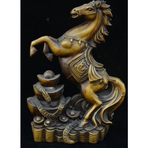 Old China Bronze Fengshui 12 Zodiac Year Animal Horse Yuanbao Coin Wealth Statue