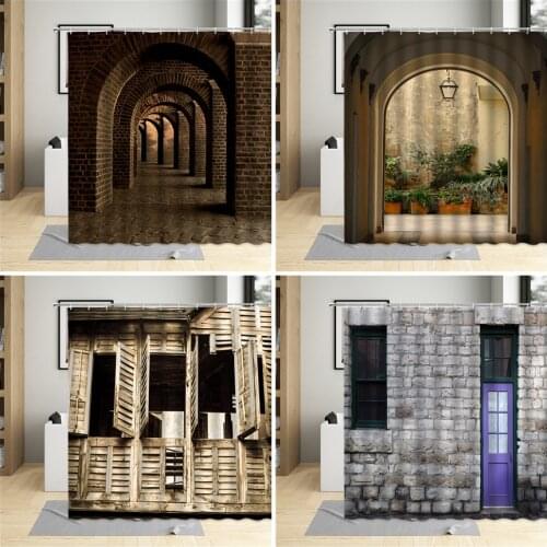 Vintage Old Wooden Door Shower Curtain Farmhouse Retro Window Bathroom Decor Polyester Cloth Hanging Curtain Set Waterproof Hook
