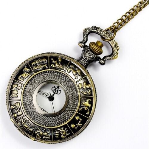 Vintage Pocket Watch Antique 12 Horoscope Twelve Constellations Round Dial Quartz Pocket Watch Necklace Clock birthday Gift