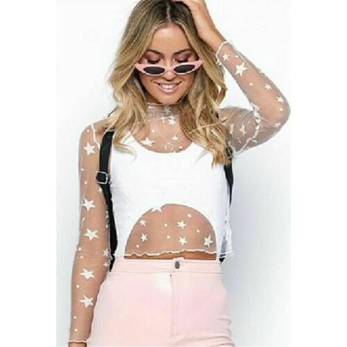 Women Fashion Mesh Star Print Tops Blouse Summer Long Sleeve Hollow Out Thin Lace Bottoming Shirts Black White See Through Shirt