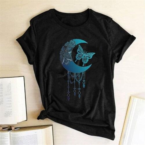 Vintage Moon Feathers Print Womens T Shirt Summer Loose O Neck Tee Shirt Casual Short Sleeve Harajuku Tops Roupas Femininas