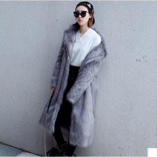Womens Long Section Plus Size Artificial Fur Overcoats Grey Fashion Winter Autumn Fur Jackets For Female Casaco Feminino K426