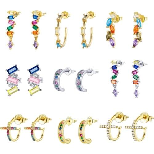 BISAER Colorful Multi-style Zircon Crystals Stud Earrings For Women Summer Silver 925 Jewelry Earrings Trendy Brincos ECE1208