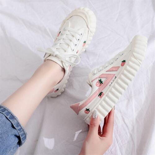 Women Flatts Strawberry Printed Sweet Girls Shoes Causal Lace Up White Shoes Canvas 35-40 Plus Size