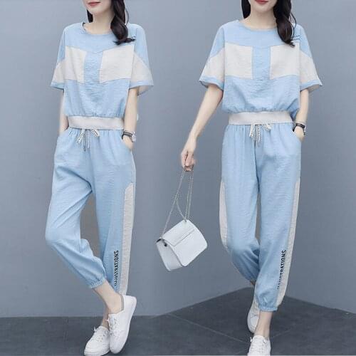 2pcs New Women Sport Suit Short Sleeve Sportswear Fitness Suits Women Casual Pants Set Tracksuit