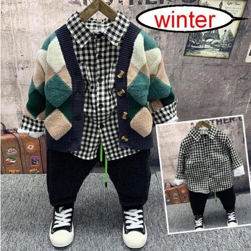 Winter Sets Childrens Wear, New Childrens Suit, Boys Knit Cardigan,plush T-shirts, plush jeans 3pcs Pieces of boys sets 2-6Yr