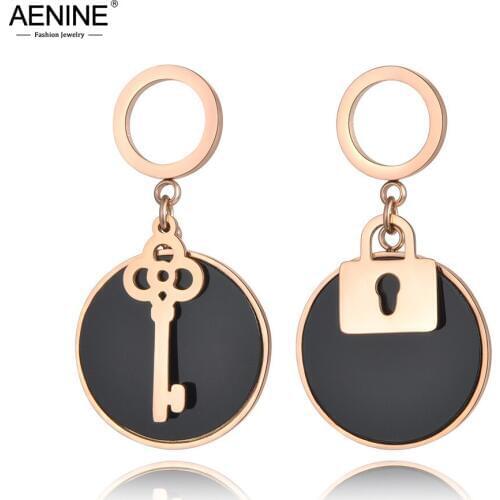 AENINE Bohemia Stud Earrings Key & Lock Rose Gold Color Stainless Steel Black Acrylic Disc Asymmetric Jewelry Bijoux AE18450