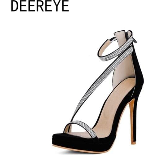 Big Size 32-50 Suede Round Toe Platform Sandals 2 Straps Ankle With Rhinestone Back Zipper For 12cm Evening Woman High Heel