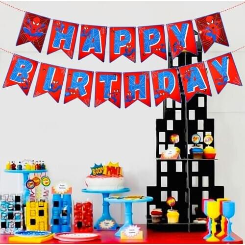 Spider Superhero Happy Birthday Banner Reusable Swallowtail Flag Hanging Decor Theme Birthday Party Decorations for Children