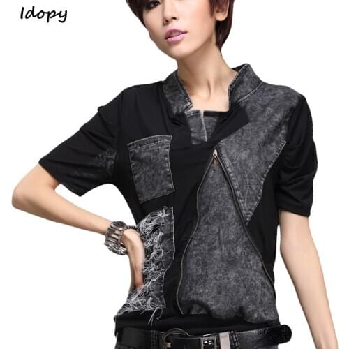 Idopy Luxury Korean Harajuku Jeans Styles Girls Punk Tops Tee Shirt Womens Stand Collar T-shirt Zipper Woman Bts Funny Tshirt