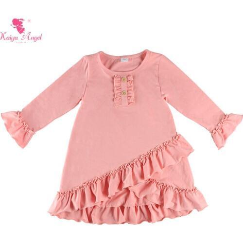 Kaiya Angel Kids Dress For Girls Spring Toddler Girls Solid Brief Clothes Princess Long Sleeve Ruffle Dresses Factory Wholesale