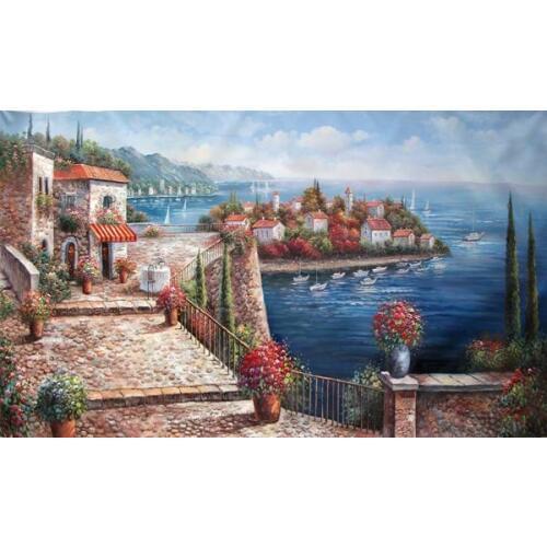 Free shipping Mediterranean island house sea boat landscape oil painting canvas printings on canvas wall art decoration picture