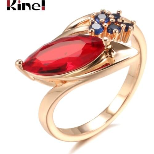 Kinel Luxury 585 Rose Gold Red Ruby Stone Ring for Women Mosaic Blue Natural Zircon Vintage Ring Ethnic Bride Wedding Jewelry