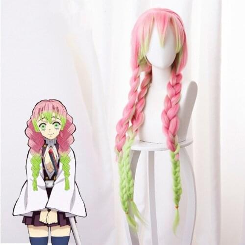 Anime Demon Slayer Cosplay Kimetsu No Yaiba Kanroji Mitsuri Pink Gradient Green Styling Twist Braid Synthetic Hair Halloween