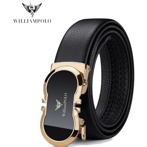 WILLIAMPOLO Belt Men Genuine Leather Strap Automatic Buckle Bulliant Slide Ratchet Belt For Men Dress Pant Shirt PL20775-77P