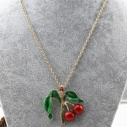New European American Exaggerated Red and Green Drop Glaze Cherry Ladybug Pendant Long Personality Necklace Holiday gift