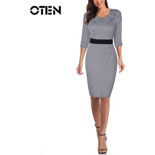 OTEN Women Vintage Sheath 2019 Plaid Half Sleeve Sexy Bodycon Wear to Work Office Pencil Slim Dresses